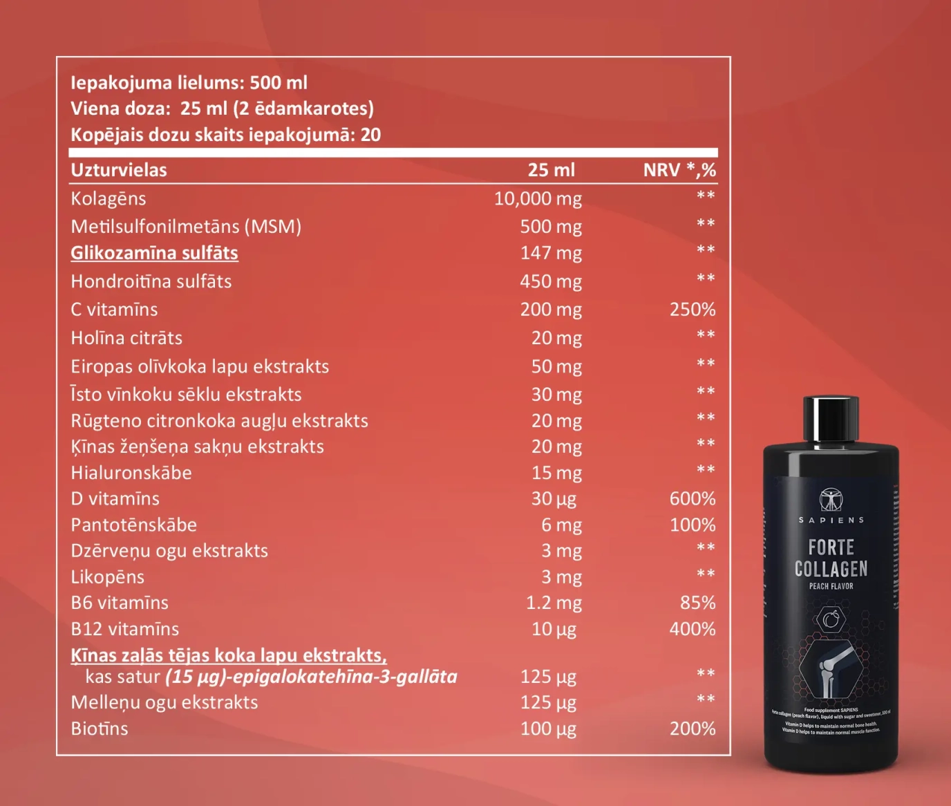 Forte kolagēns - persiku garša (locītavām ar vit. D) 1+1